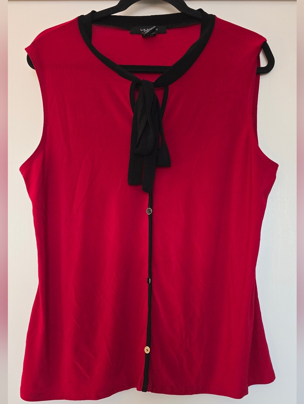 Liz McCoy - Red & Black Tie Neck Sleeveless Blouse Contrasting Trim Top - Picture 1 of 3